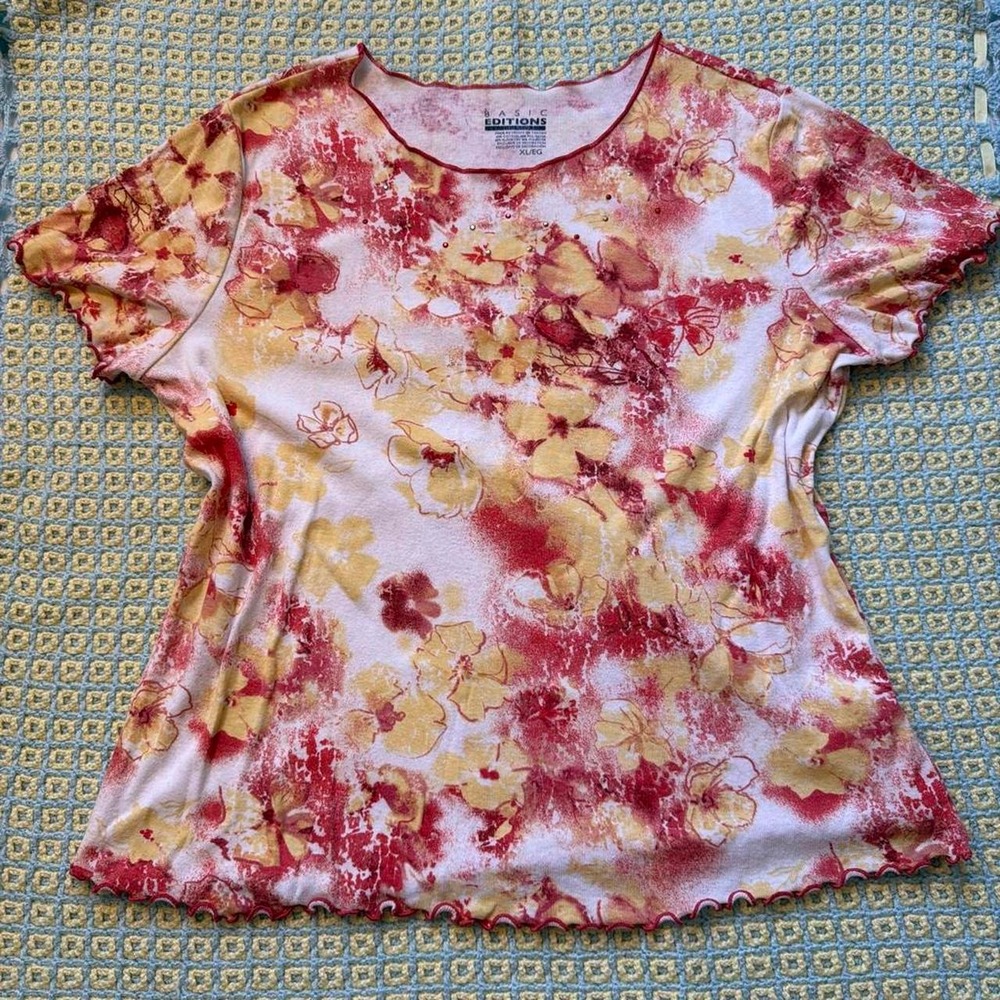 Basic Editions Vintage Y2K Hibiscus Floral Beaded Lettuce Hem Baby Tee XL